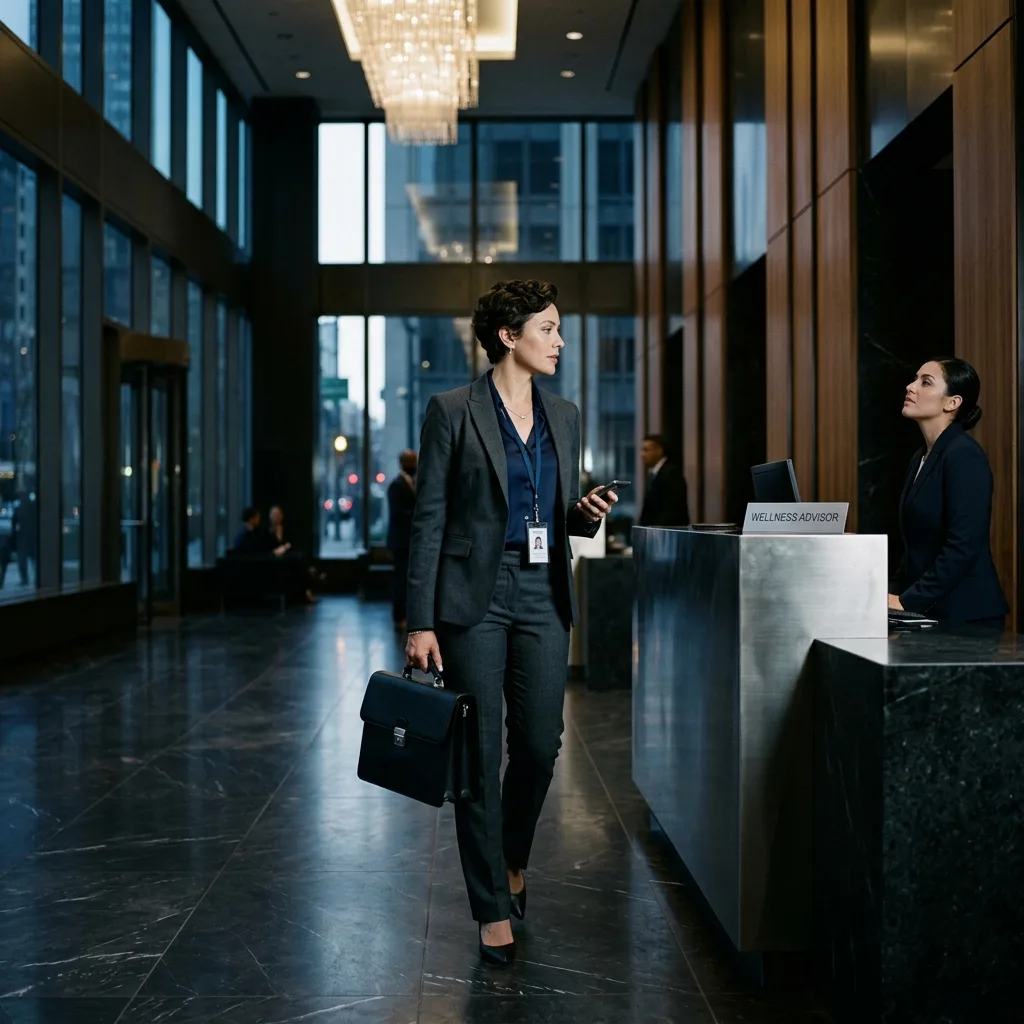 Professional wellness arrival in a corporate lobby